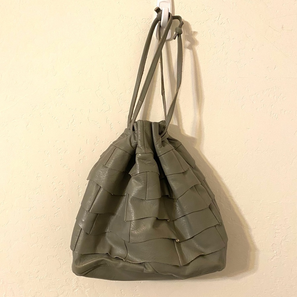 NWOT Ruffled Women's Leather Bucket Bag, Handmade, gray purse
